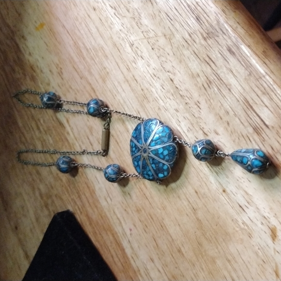 VINTAGE TURQUOISE MOSAIC INLAY  NECKLACE - Picture 5 of 8